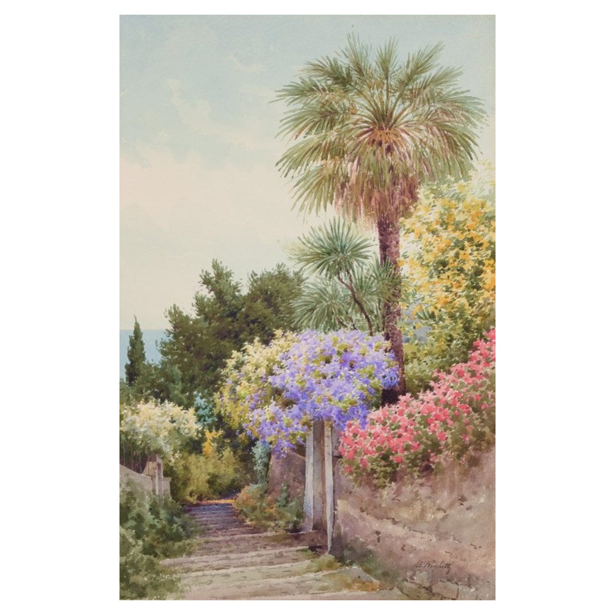 B. Righetti, artiste italien. Aquarelle sur papier. Scène de parc du sud du Sud. en vente