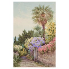 B. Righetti, artiste italien. Aquarelle sur papier. Scène de parc du sud du Sud.