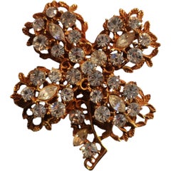 B. S. Gold-Tone Filigree Rhinestone Leaf Brooch and Clip-On Earring Set, 1960s