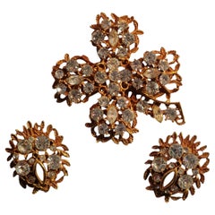 B. S. Gold-Tone Filigree Rhinestone Leaf Brooch and Clip-On Earring Set, 1960s B. S. Gold-Tone Filigree Rhinestone Leaf Brooch and Clip-On Earring Set, 1960s