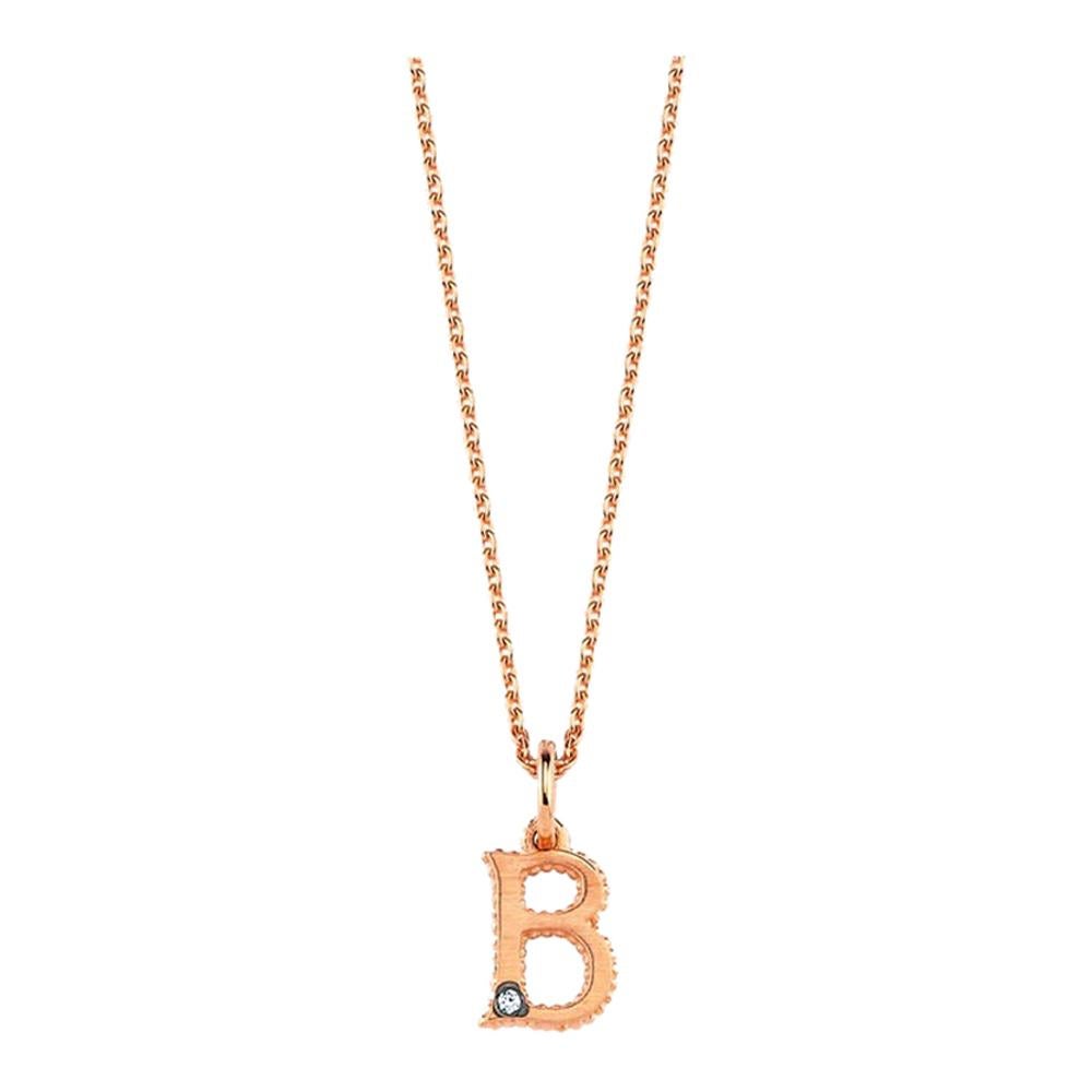 B Small Necklace in 14 Karat Rose Gold with 0.01ct White Diamond For Sale