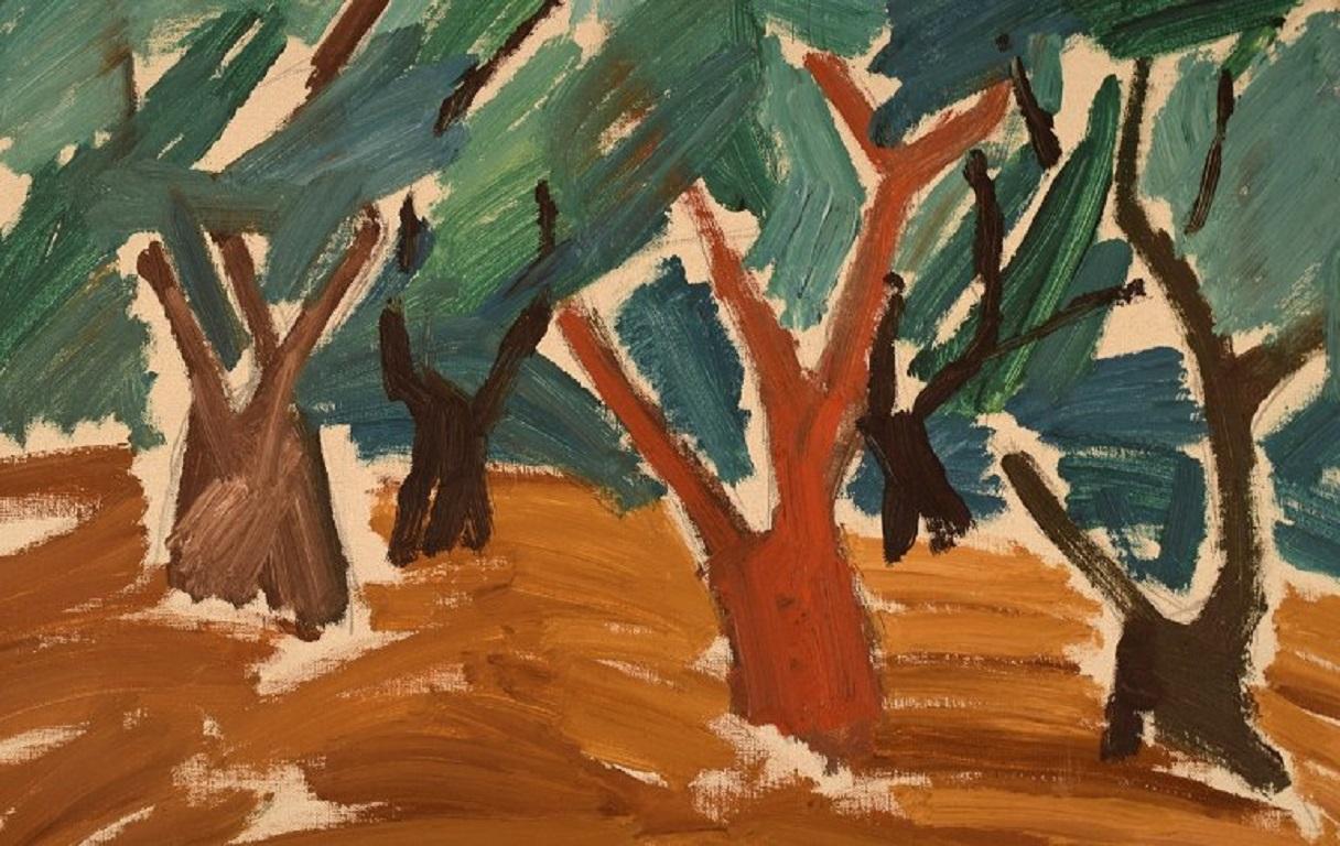 Mid-20th Century B. Stålfors, Swedish Artist, Oil on Canvas, Modernist Forest Landscape For Sale