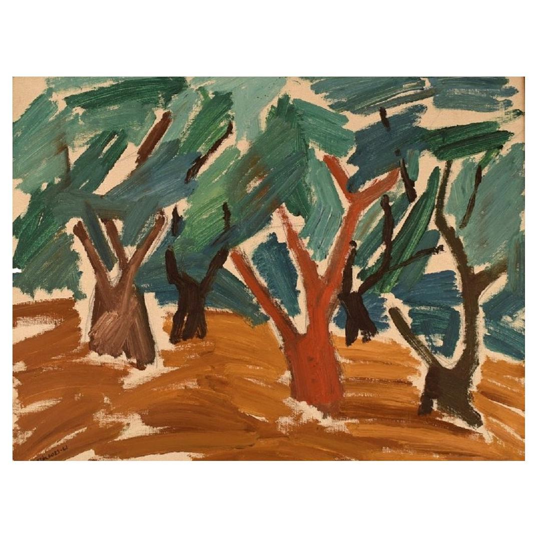 B. Stlfors, artiste suédois, huile sur toile, paysage forestier moderniste