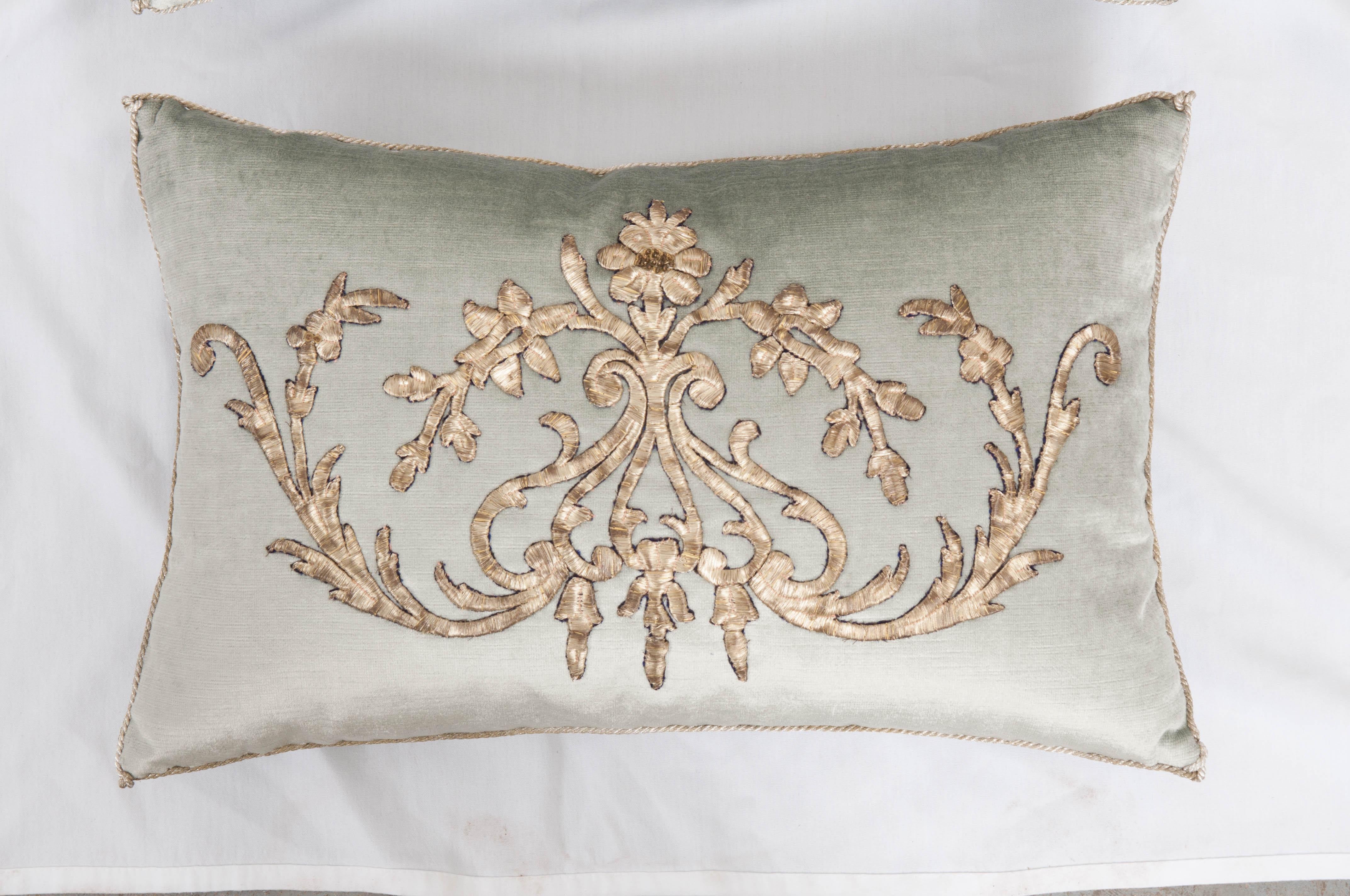 Antique Ottoman Empire raised silver metallic embroidery on pale French blue velvet. Hand-trimmed with vintage silver metallic cording which is knotted in the corners. Designed by Becky Vizard for B. Viz Designs. Note: Available for individual