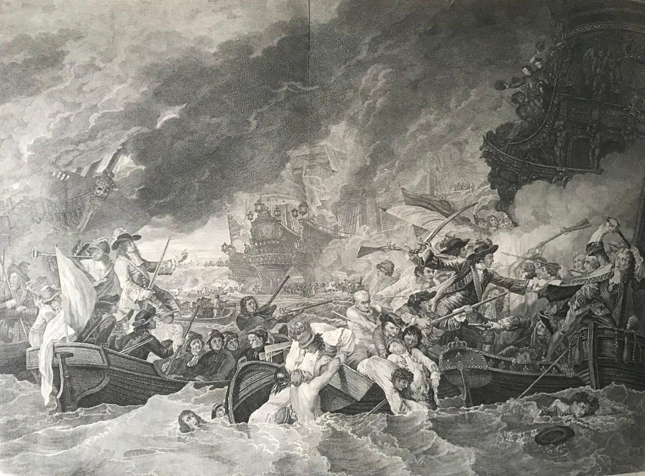 Gravé Gravure de B.West « bataille navale, bataille de la Houge », 18e siècle en vente