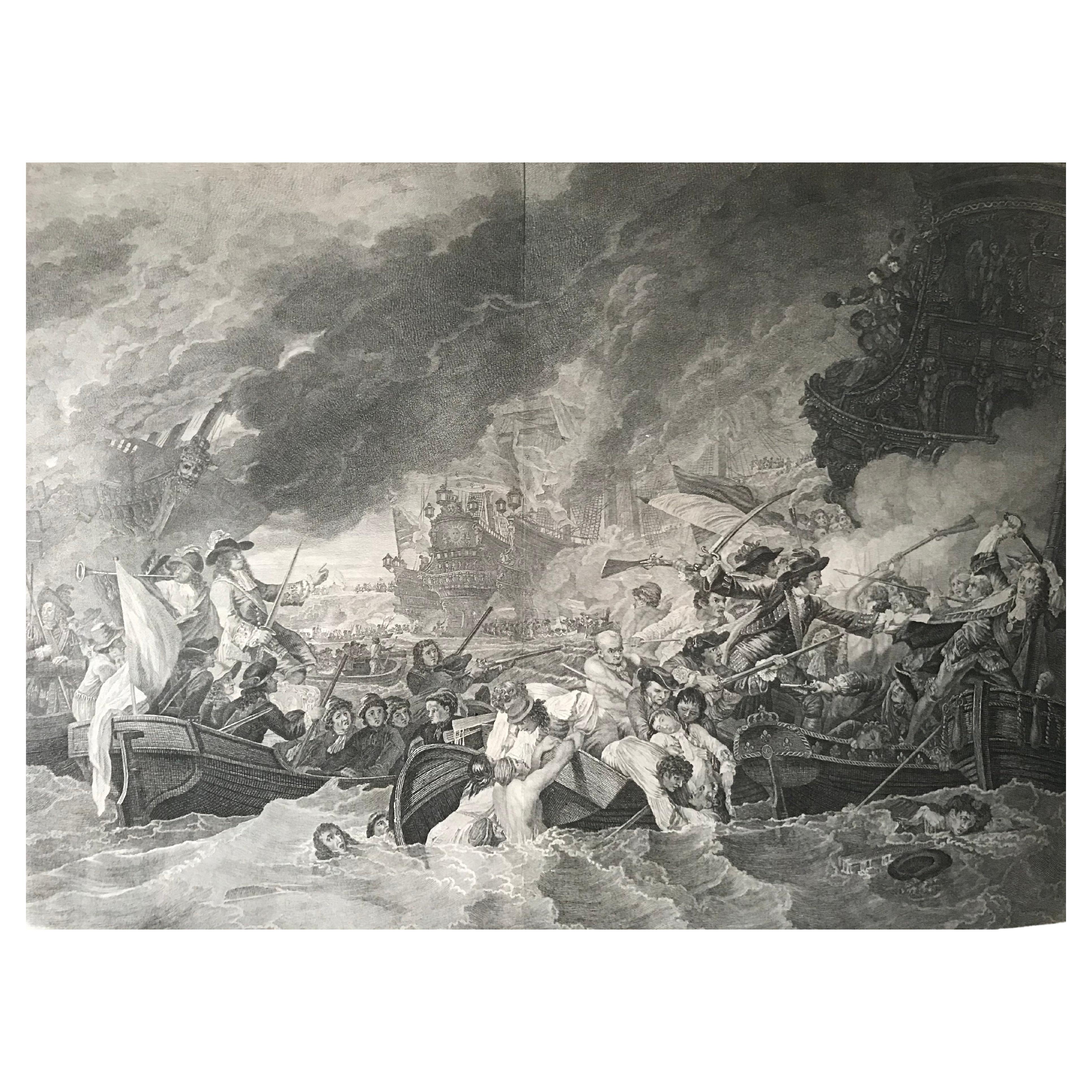 Gravure de B.West « bataille navale, bataille de la Houge », 18e siècle en vente