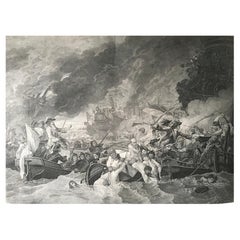 Antique B.West Engraving "Naval Battle, Battle of the Houge" 18th Century