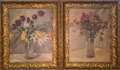 Pair of French Still Lifes with Flowers in a Vase, Hommage to the Impressionists
