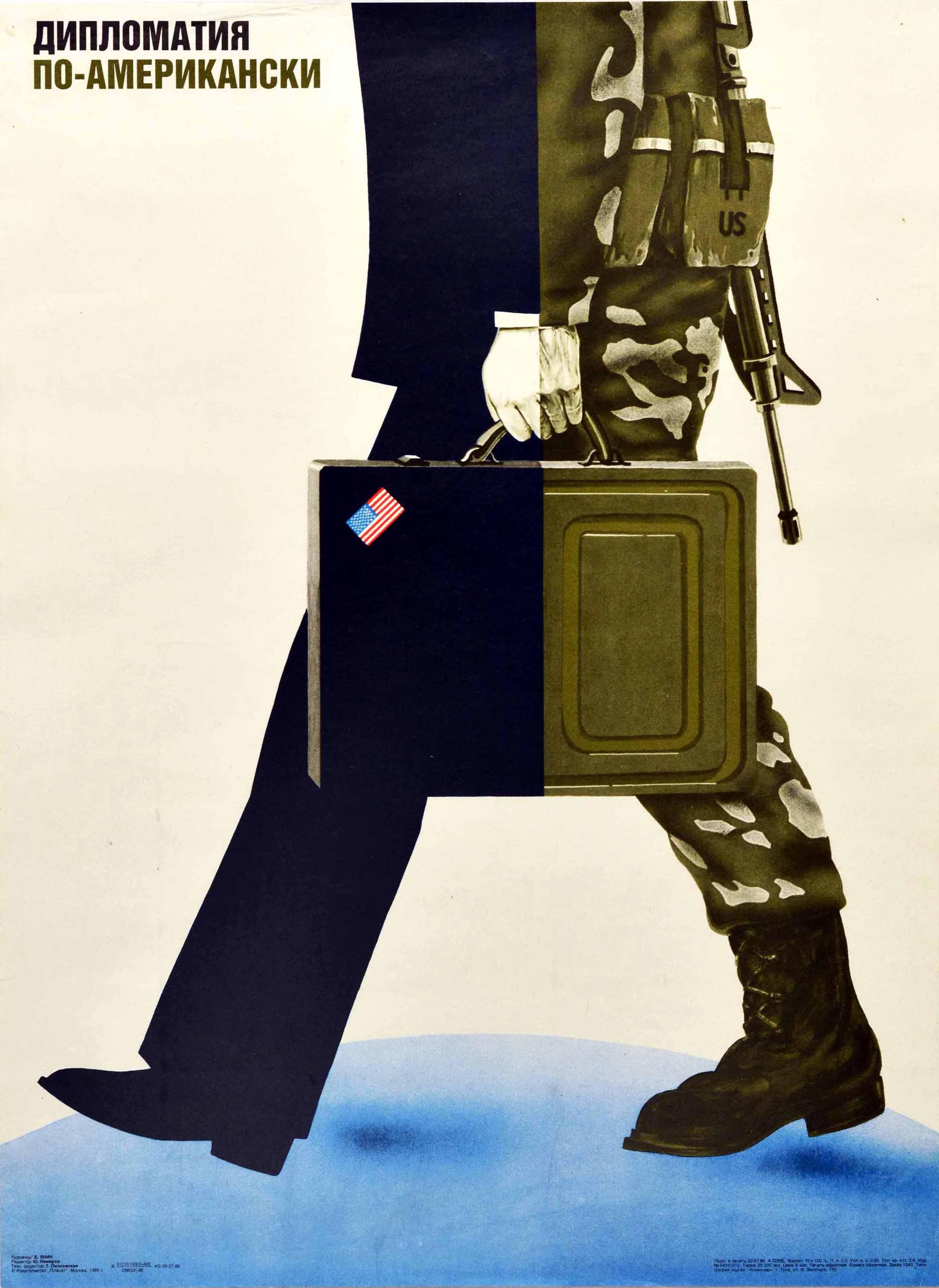 Print B Yanin - Affiche rétro originale de la guerre froide de l'URSS, Diplomacy American Way, Soldat américain