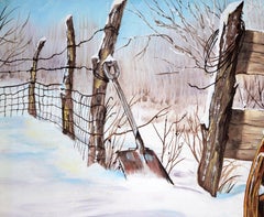 Broken Wagon Wheel in the Snow Thaw, Original Oil Painting on Canvas