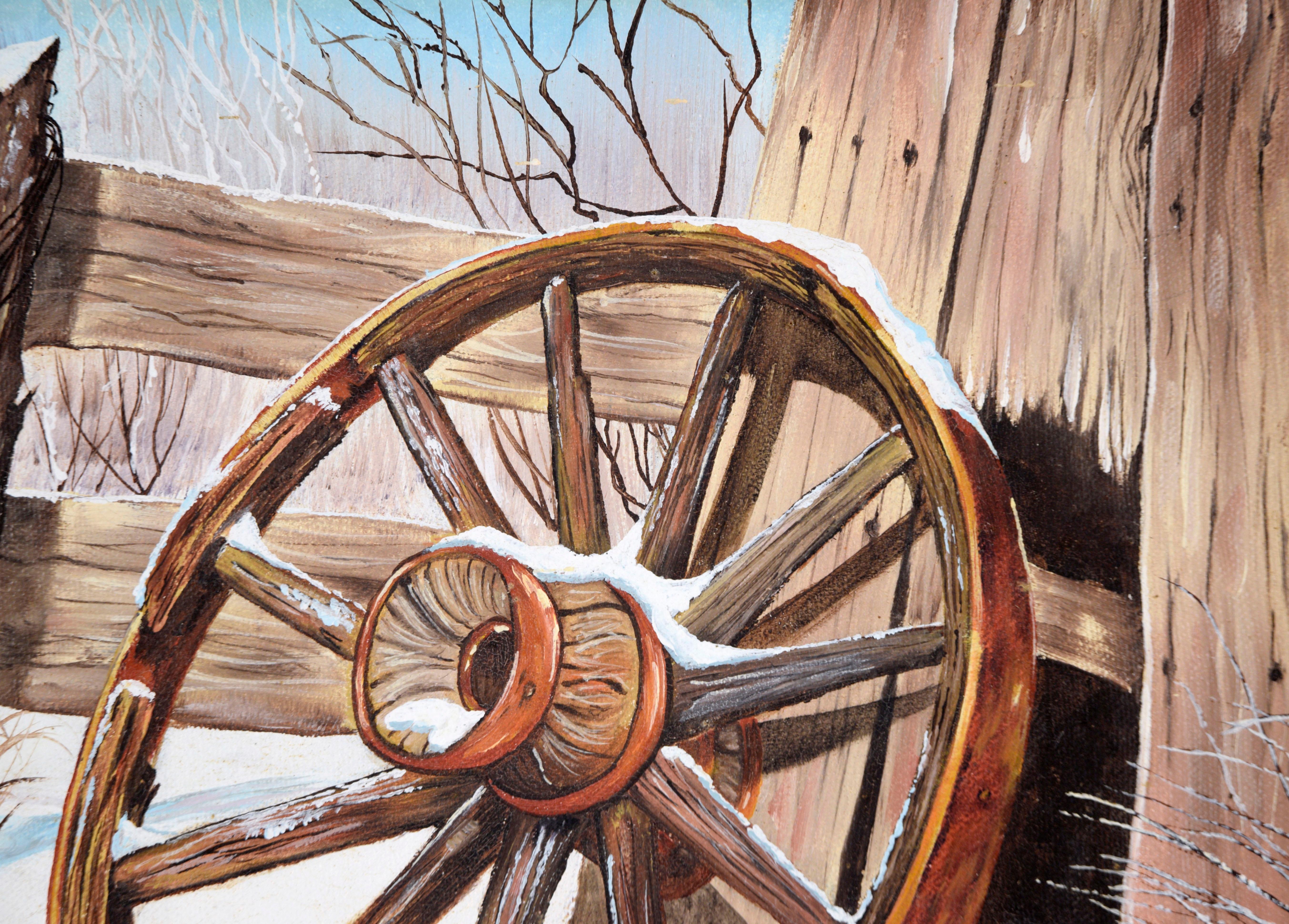 Rueda de carreta rota en el deshielo, Pintura al óleo original sobre lienzo - Landscape Painting Gris de B. Yockov