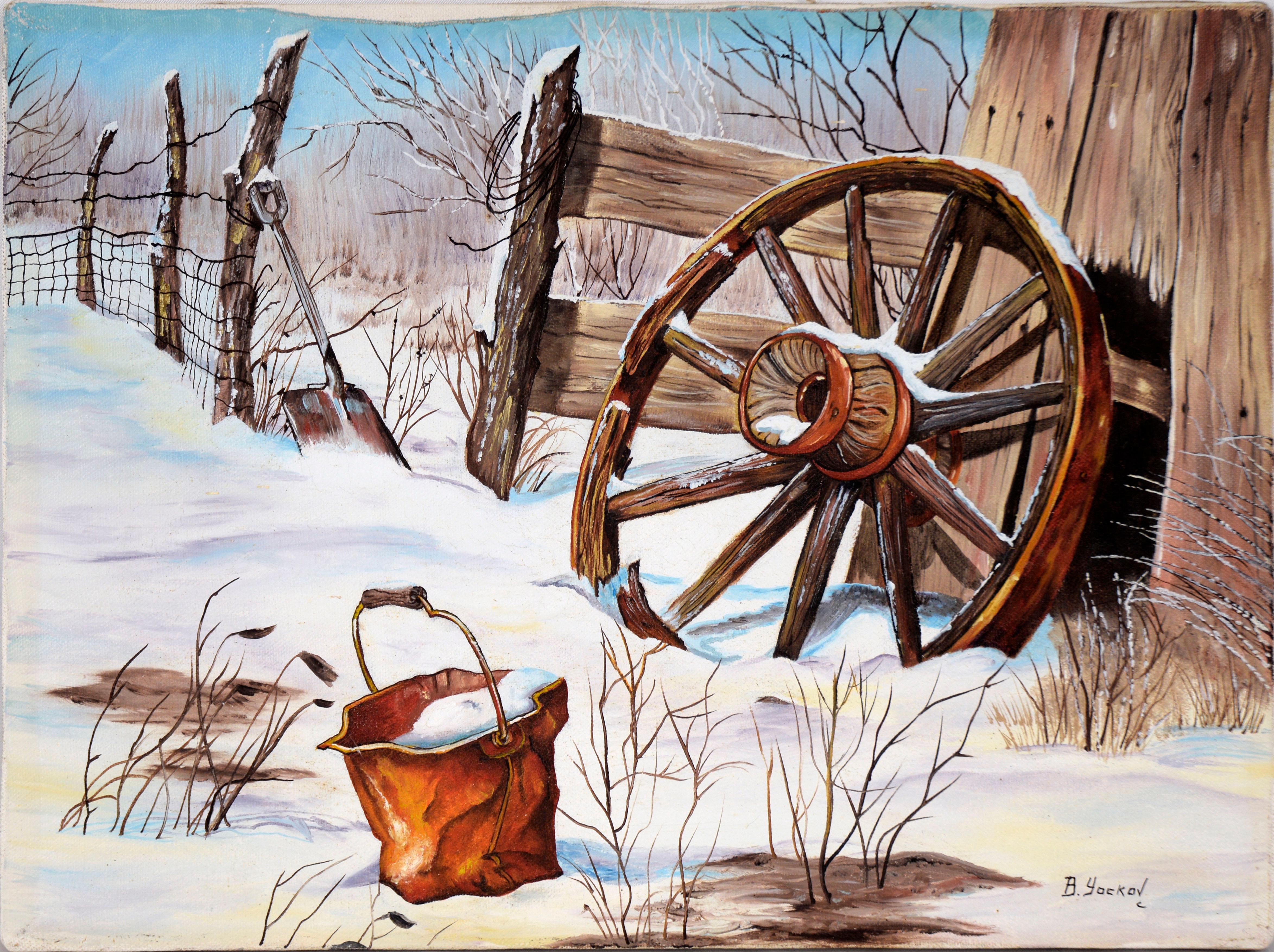 Landscape Painting de B. Yockov - Rueda de carreta rota en el deshielo, Pintura al óleo original sobre lienzo