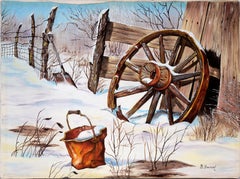 Rueda de carreta rota en el deshielo, Pintura al óleo original sobre lienzo