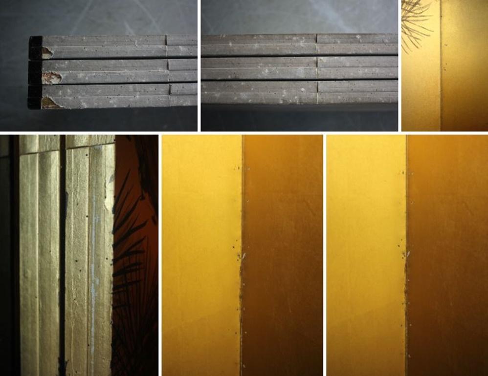 B0 Antigüedades japonesas 6paneles, dorso dorado, grulla y pino, biombo Araki en venta 13