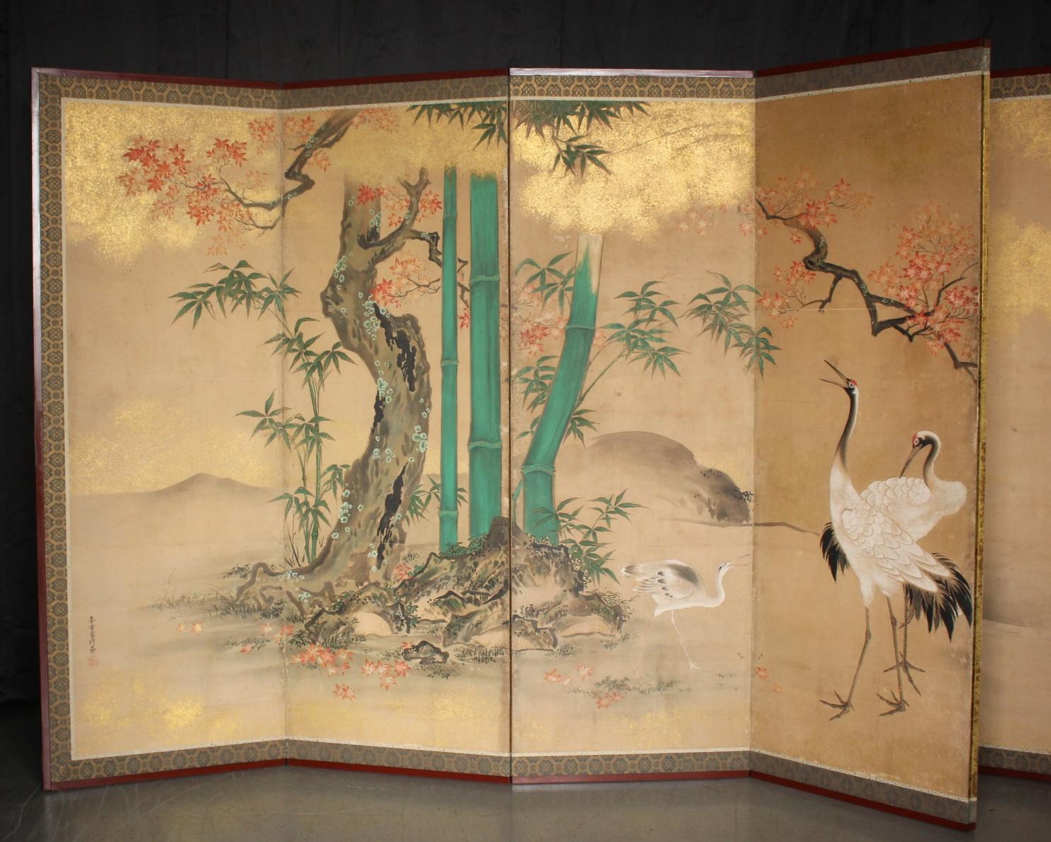 B1 Japanese Antiques Kano School, 6panel folding screen, crane&plants For Sale 4