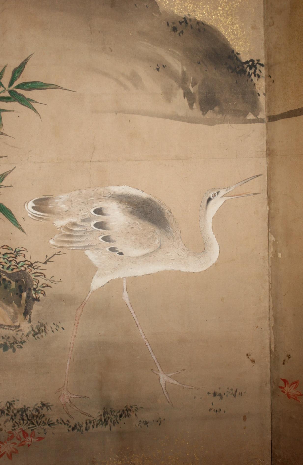 B1 Japanese Antiques Kano School, 6panel folding screen, crane&plants For Sale 6