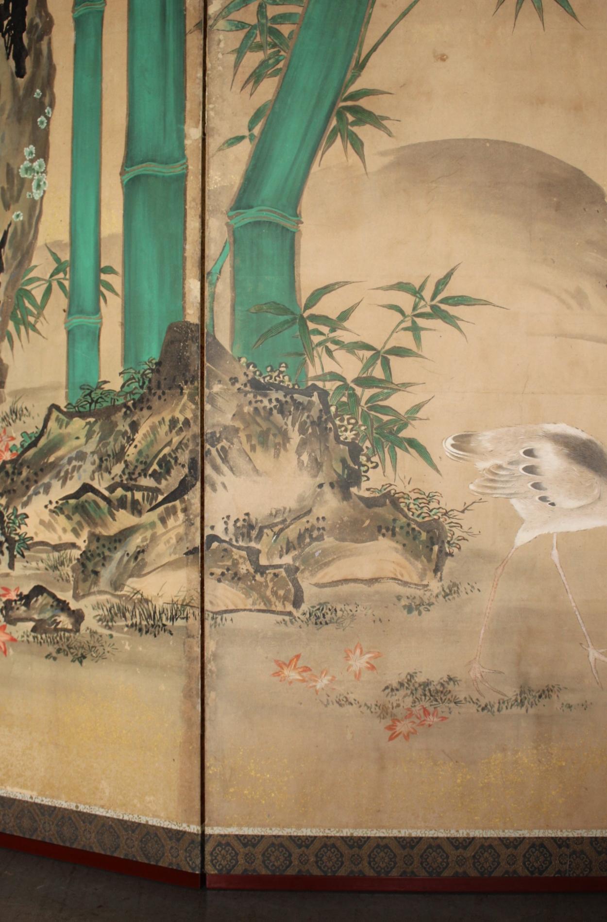 B1 Japanese Antiques Kano School, 6panel folding screen, crane&plants For Sale 8