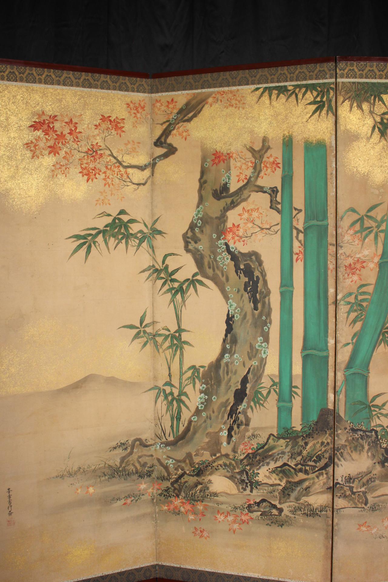 B1 Japanese Antiques Kano School, 6panel folding screen, crane&plants For Sale 9