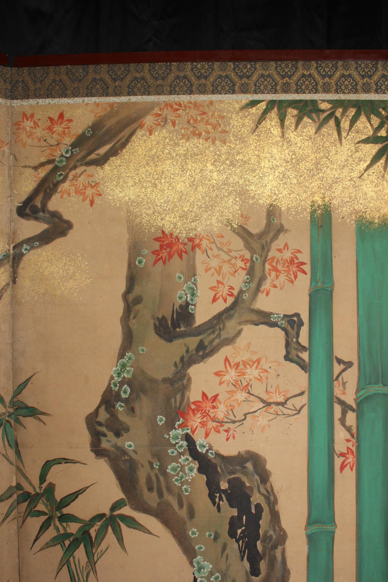 B1 Japanese Antiques Kano School, 6panel folding screen, crane&plants For Sale 10
