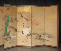 B1 Japanese Antiques Kano School, 6panel folding screen, crane&plants
