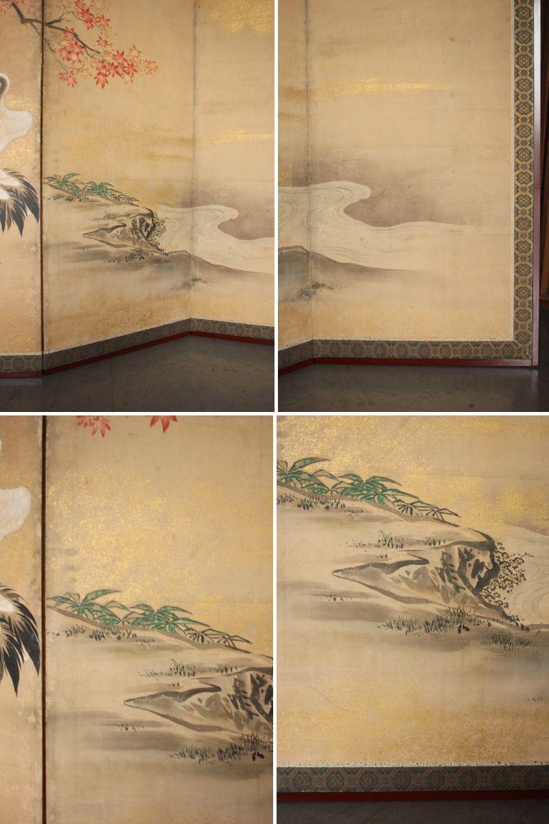B1 Japanese Antiques Kano School, 6panel folding screen, crane&plants In Good Condition For Sale In Niiza, JP