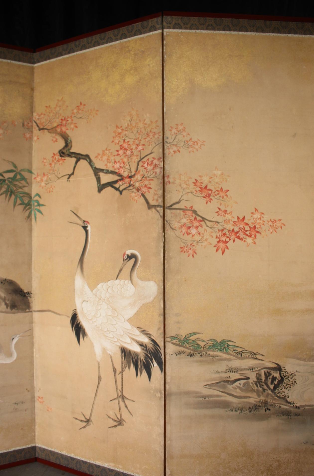 19th Century B1 Japanese Antiques Kano School, 6panel folding screen, crane&plants For Sale