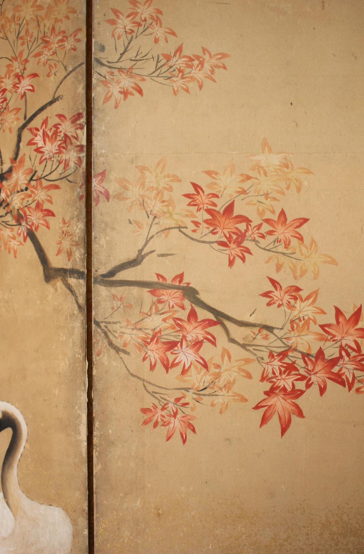 Paper B1 Japanese Antiques Kano School, 6panel folding screen, crane&plants For Sale