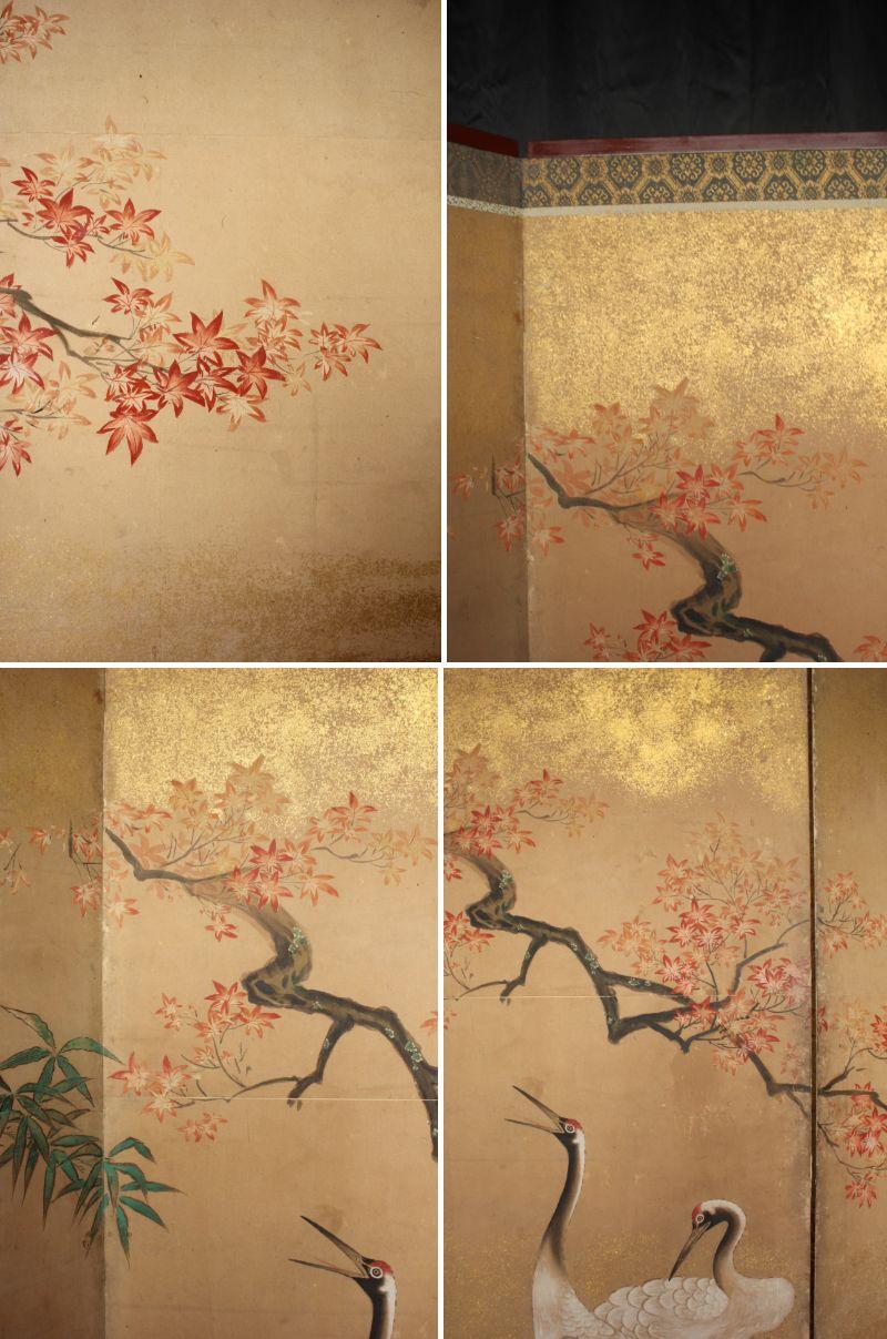 B1 Japanese Antiques Kano School, 6panel folding screen, crane&plants For Sale 1