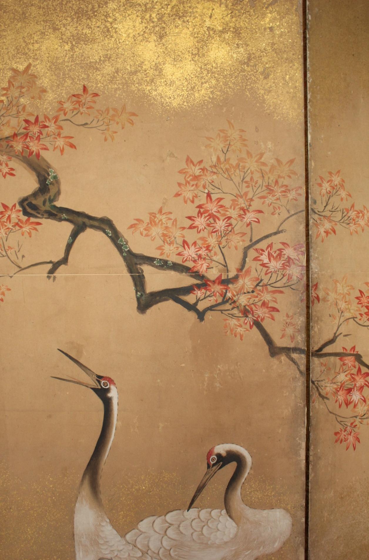 B1 Japanese Antiques Kano School, 6panel folding screen, crane&plants For Sale 2