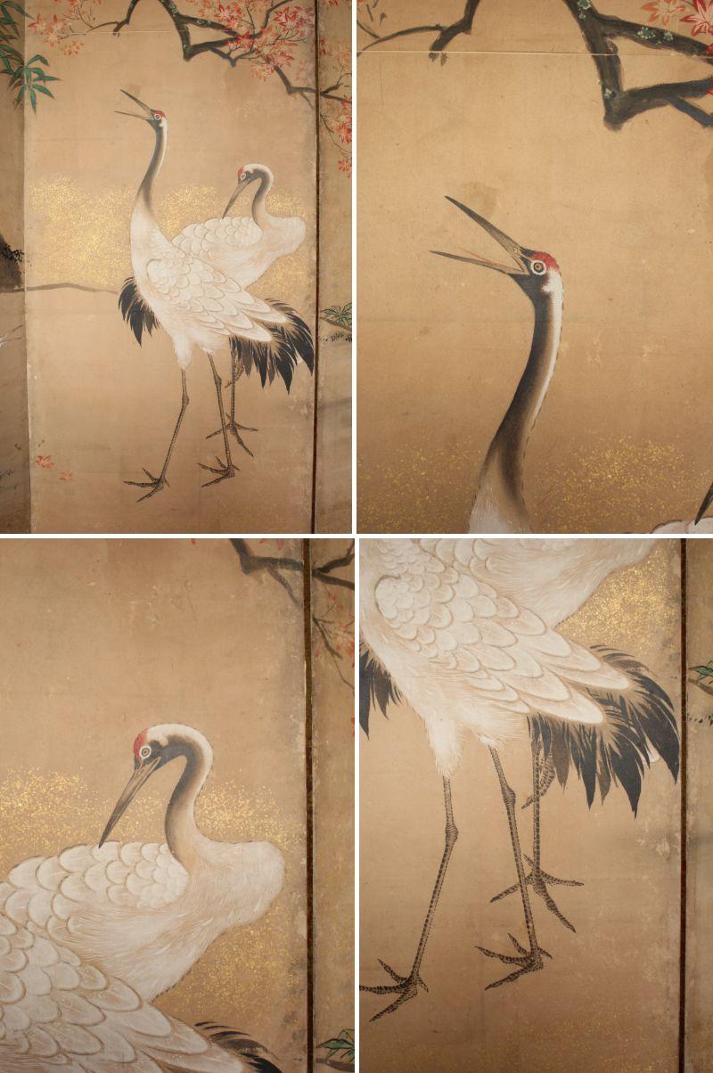 B1 Japanese Antiques Kano School, 6panel folding screen, crane&plants For Sale 3