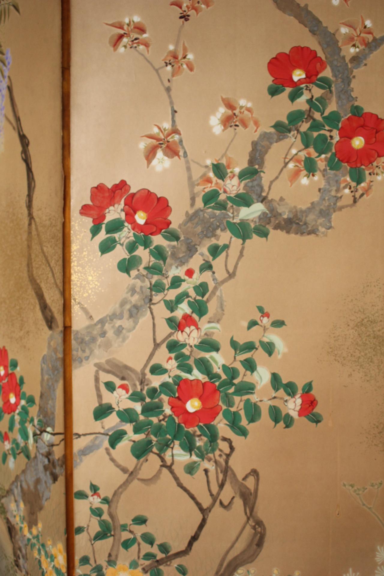 B10 Japanese Antiques 6panels, Paper, folding Screen with Flower ＆ bird painting in vendita 4