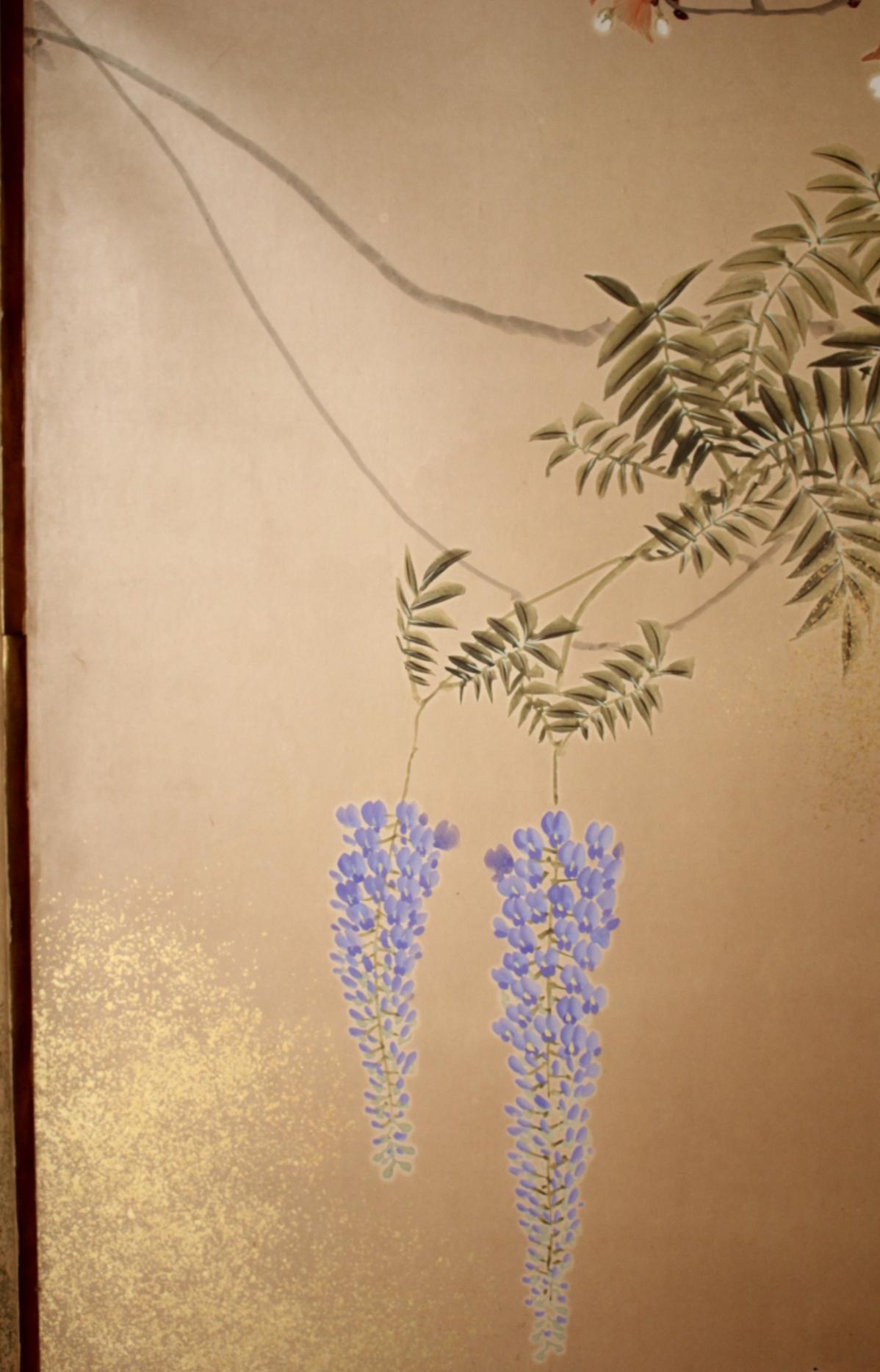 B10 Japanese Antiques 6panels, Paper, folding Screen with Flower ＆ bird painting in vendita 6