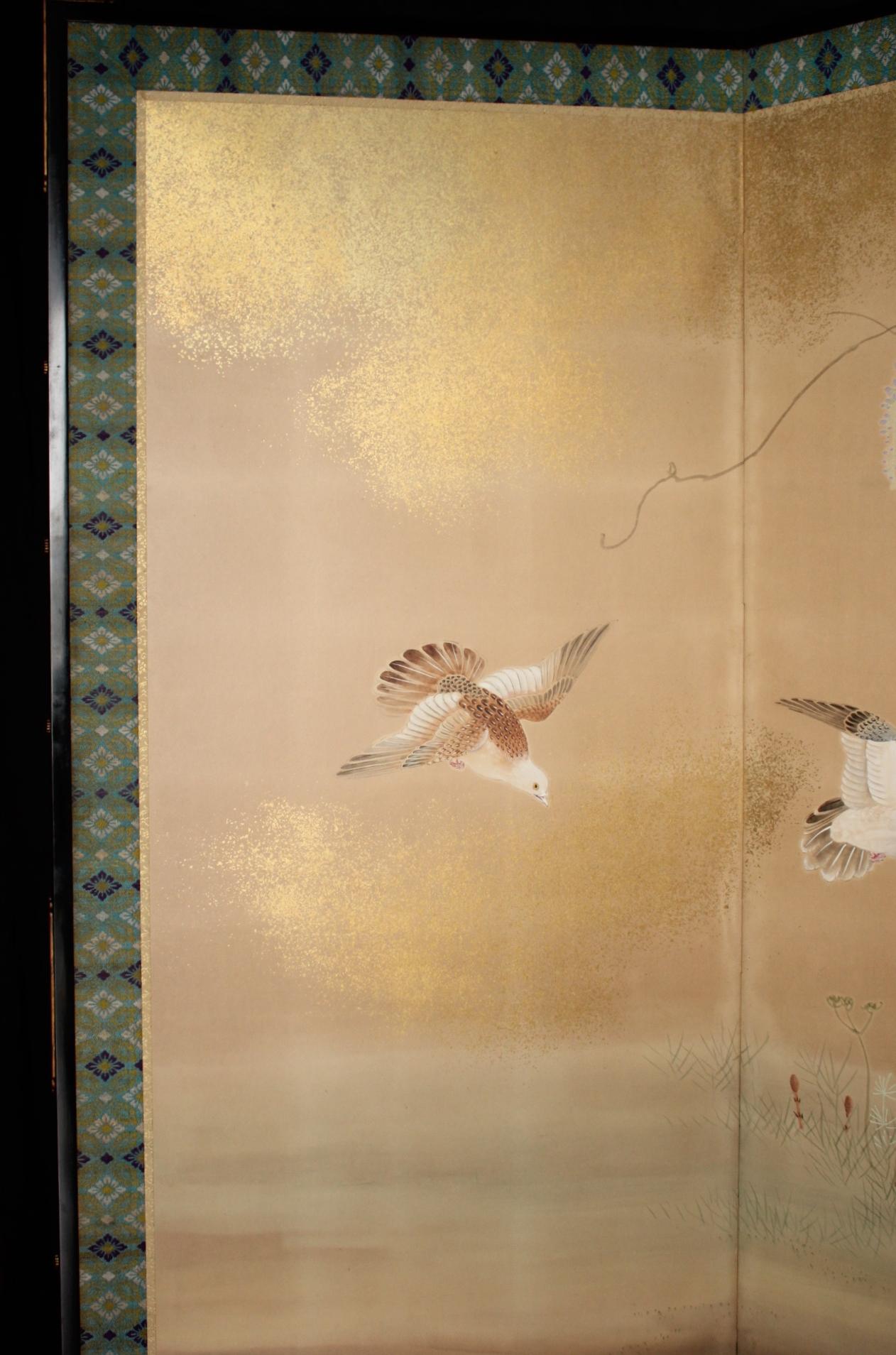 B10 Japanese Antiques 6panels, Paper, folding Screen with Flower ＆ bird painting in vendita 8