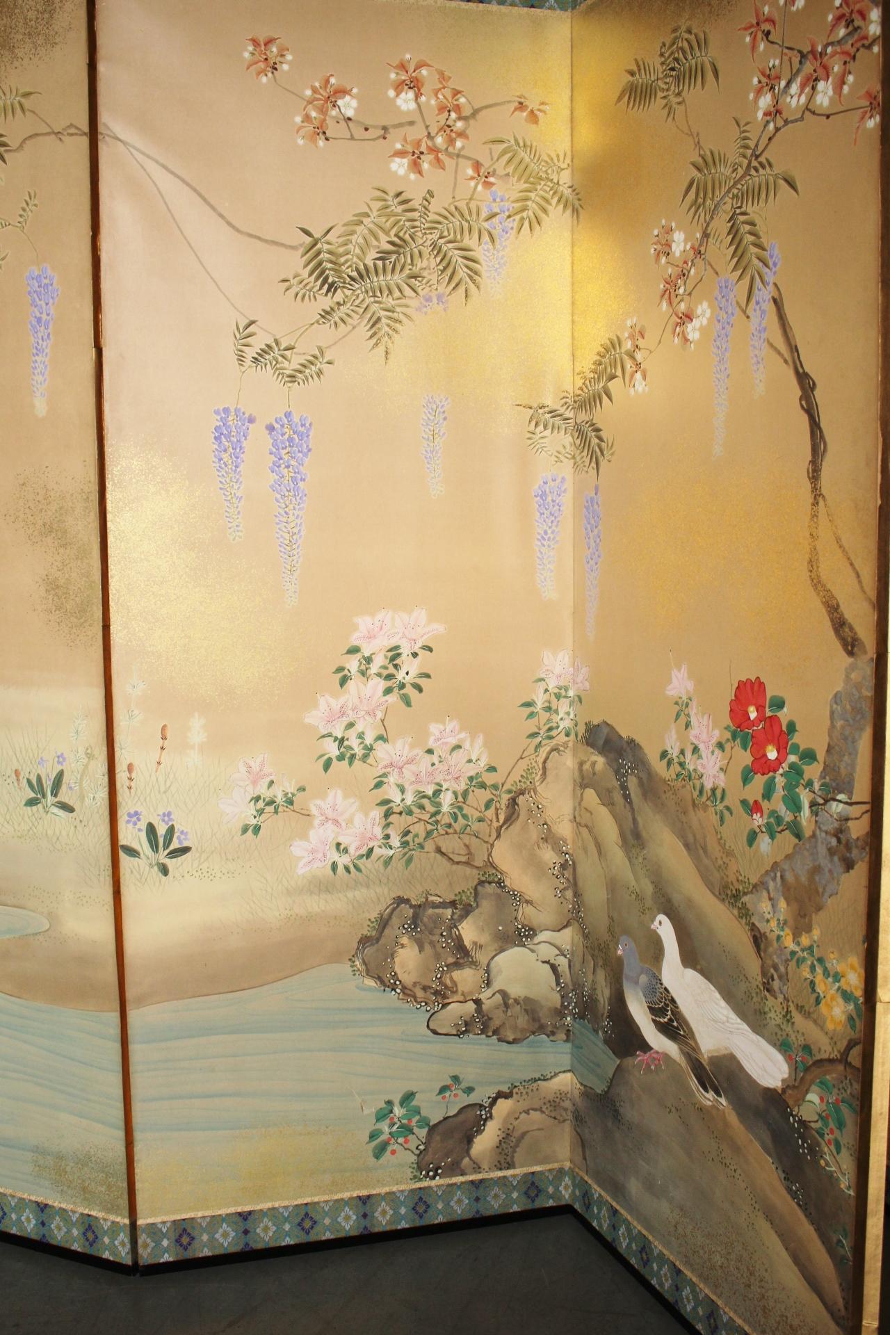 B10 Japanese Antiques 6panels, Paper, folding Screen with Flower ＆ bird painting in vendita 9