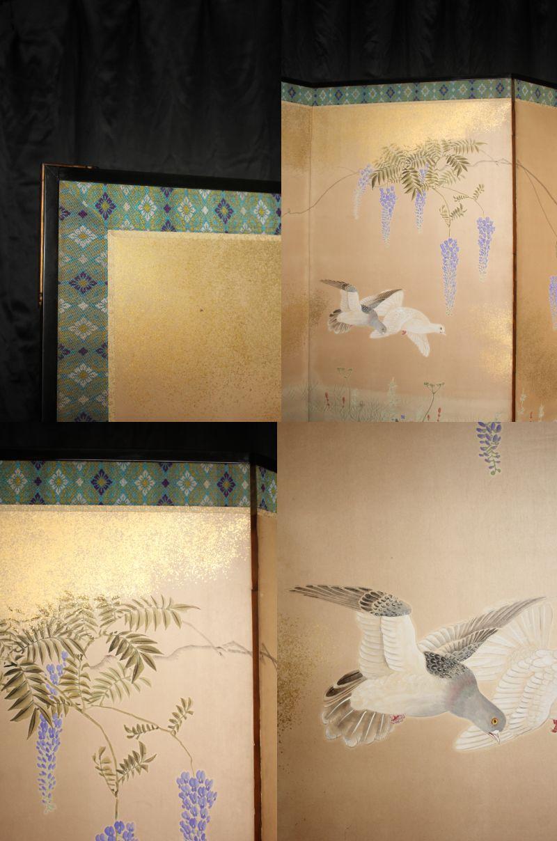 Dipinto a mano B10 Japanese Antiques 6panels, Paper, folding Screen with Flower ＆ bird painting in vendita