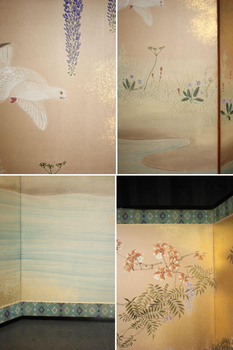 B10 Japanese Antiques 6panels, Paper, folding Screen with Flower ＆ bird painting In condizioni buone in vendita a Niiza, JP
