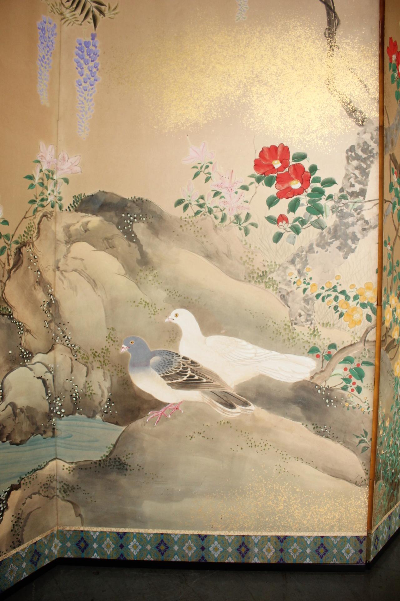 XIX secolo B10 Japanese Antiques 6panels, Paper, folding Screen with Flower ＆ bird painting in vendita