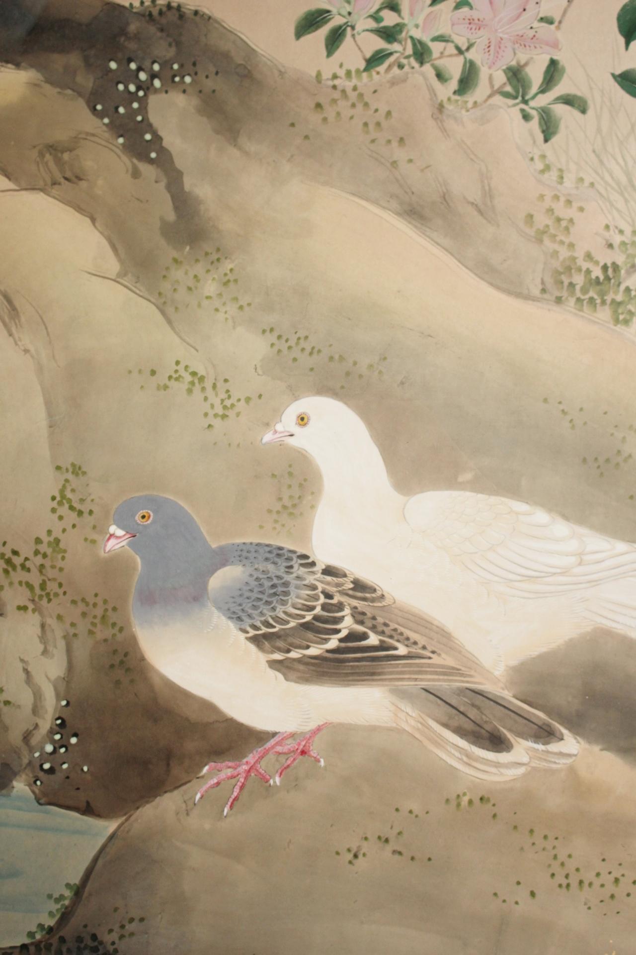 B10 Japanese Antiques 6panels, Paper, folding Screen with Flower ＆ bird painting in vendita 2