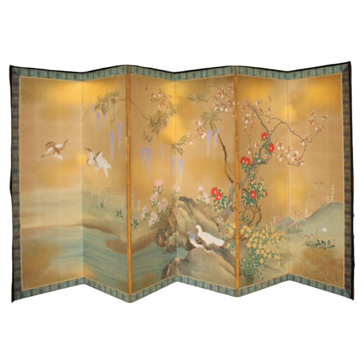 B10 Japanese Antiques 6panels, Paper, folding Screen with Flower ＆ bird painting