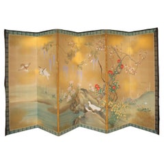 B10 Japanese Antiques 6panels, Paper, folding Screen with Flower ＆ bird painting