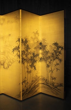B100 Old Japanese 6panels, gold byobu, ink bamboo painting, left, folding Screen