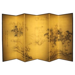 B100 Old Japanese 6panels, gold byobu, ink bamboo painting, left, folding Screen
