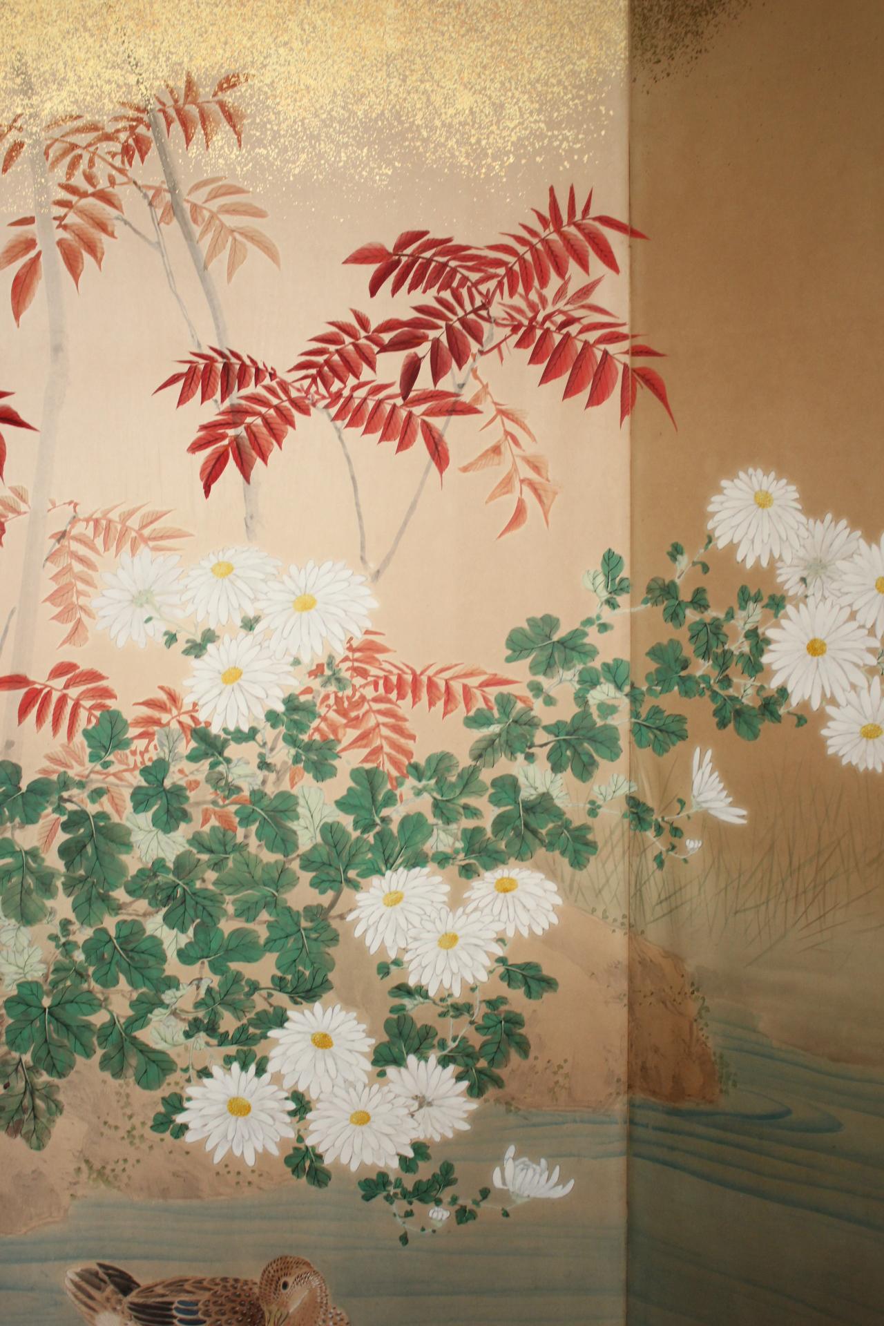 B11 Japanese Antiques 6panels, Paper, folding Screen with Flower ＆ bird painting in vendita 3