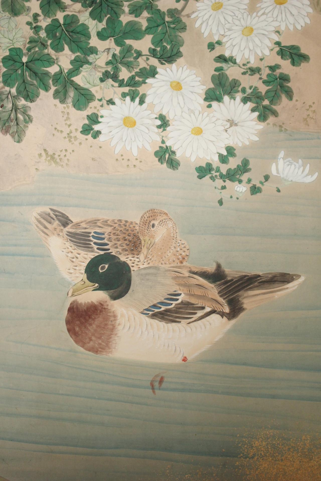 B11 Japanese Antiques 6panels, Paper, folding Screen with Flower ＆ bird painting in vendita 4