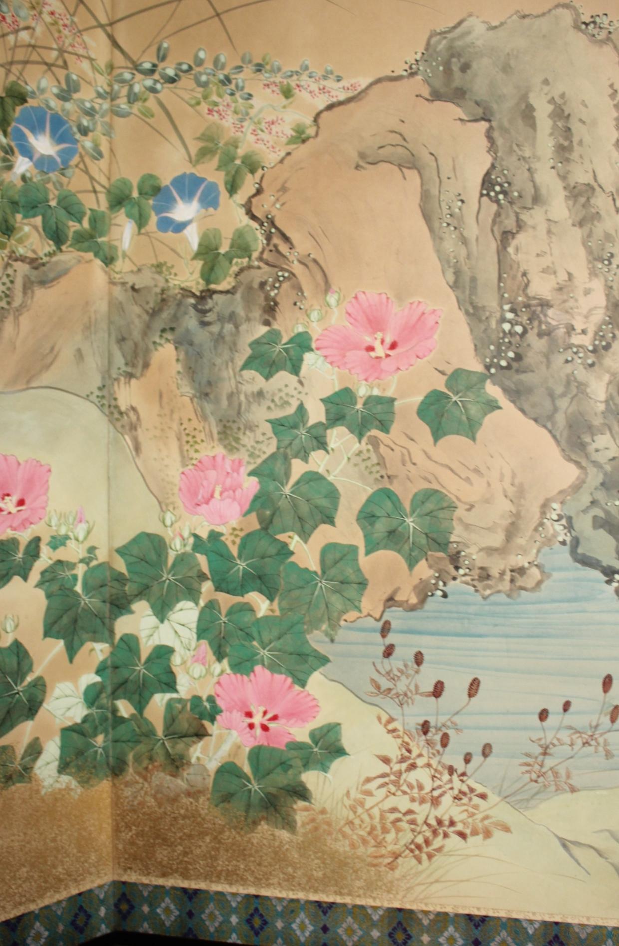 B11 Japanese Antiques 6panels, Paper, folding Screen with Flower ＆ bird painting in vendita 7