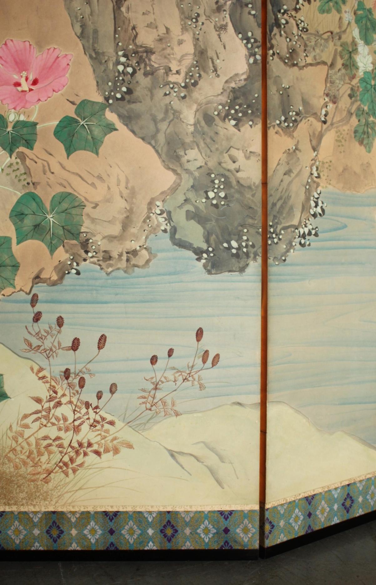 B11 Japanese Antiques 6panels, Paper, folding Screen with Flower ＆ bird painting in vendita 8