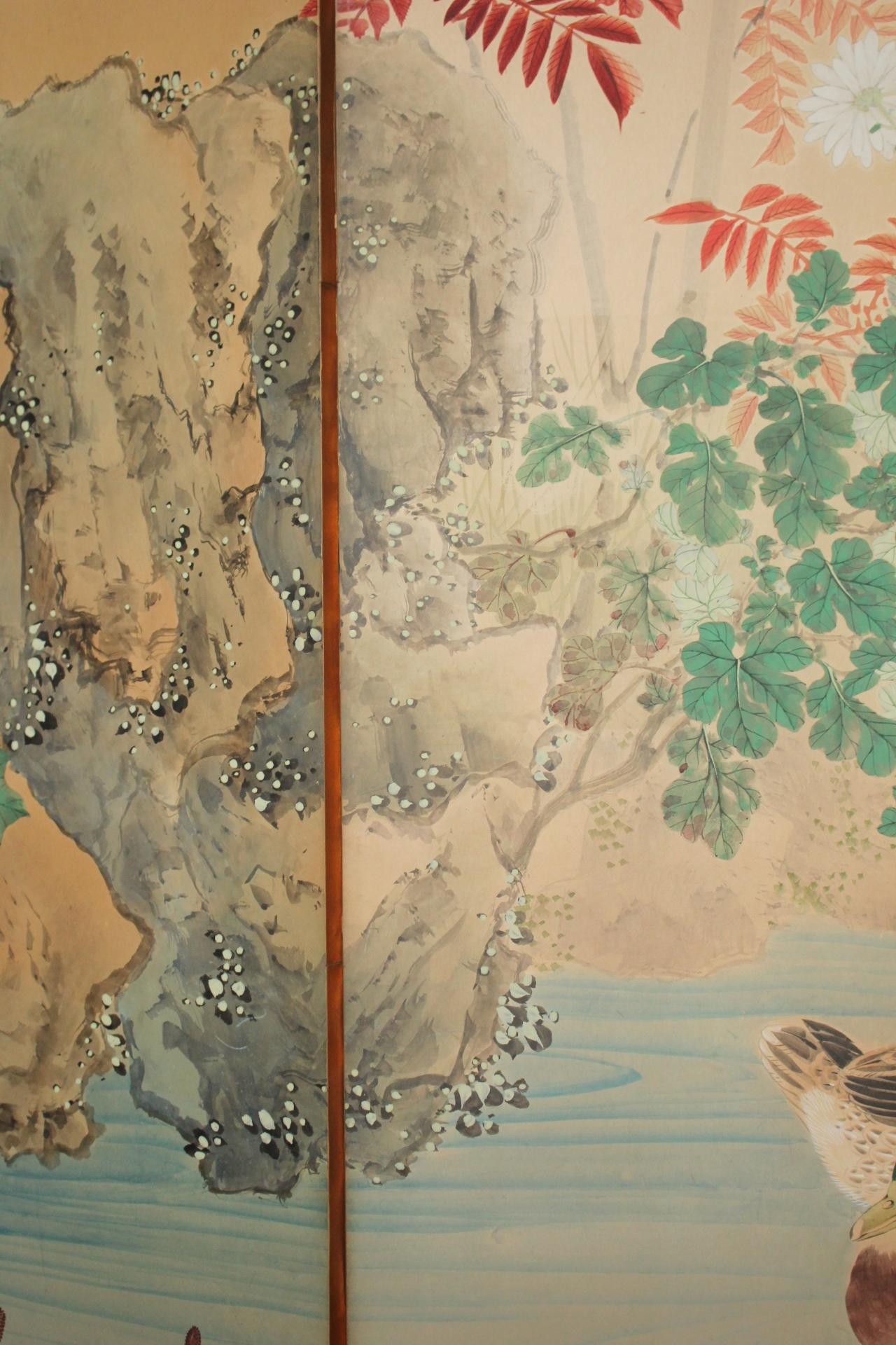 B11 Japanese Antiques 6panels, Paper, folding Screen with Flower ＆ bird painting in vendita 9