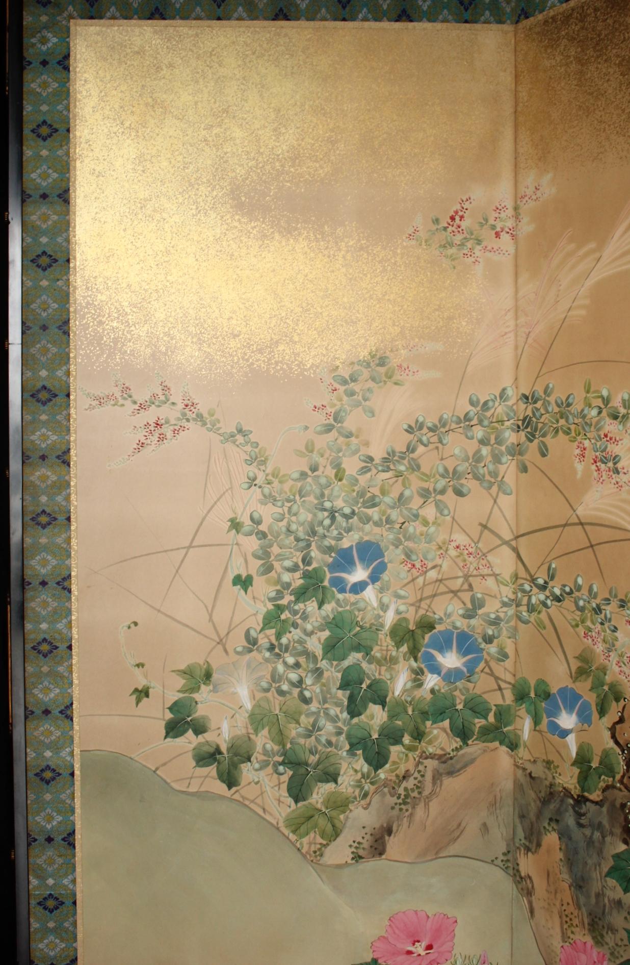 B11 Japanese Antiques 6panels, Paper, folding Screen with Flower ＆ bird painting in vendita 10