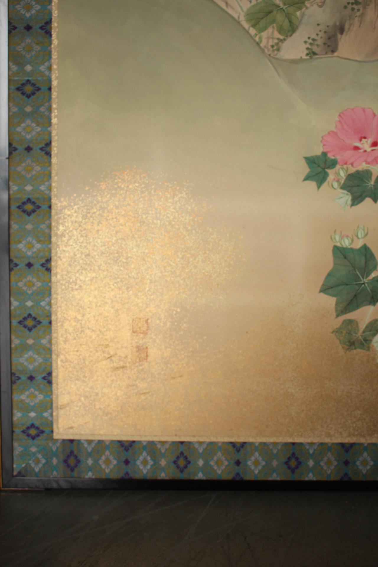 B11 Japanese Antiques 6panels, Paper, folding Screen with Flower ＆ bird painting in vendita 11