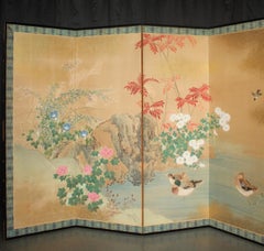 B11 Japanese Antiques 6panels, Paper, folding Screen with Flower ＆ bird painting